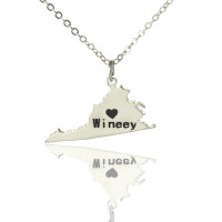 Virginia State USA Map Necklace With Heart  Name Silver