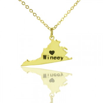 Virginia State USA Map Necklace With Heart  Name Gold Plated