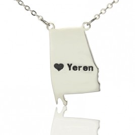Custom Alabama State USA Map Necklace With Heart  Name Silver