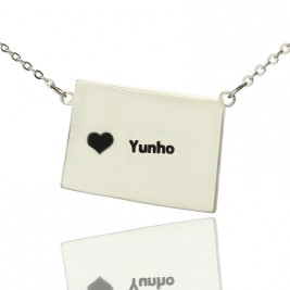 Wyoming State Shaped Map Necklaces With Heart  Name Silver