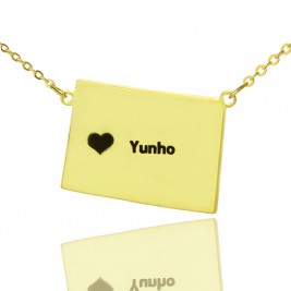 Wyoming State Shaped Map Necklaces With Heart  Name Gold Plated