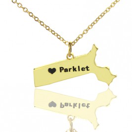 Massachusetts State Shaped Necklaces With Heart  Name Gold Plated