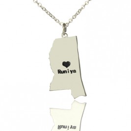 Mississippi State Shaped Necklaces With Heart  Name Silver