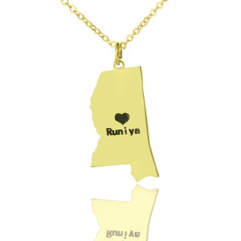 Mississippi State Shaped Necklaces With Heart  Name Gold Plated