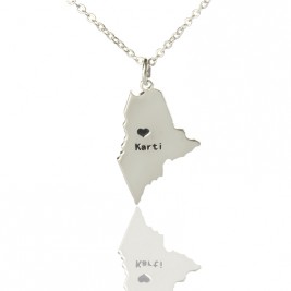 Custom Maine State Shaped Necklaces With Heart  Name Silver