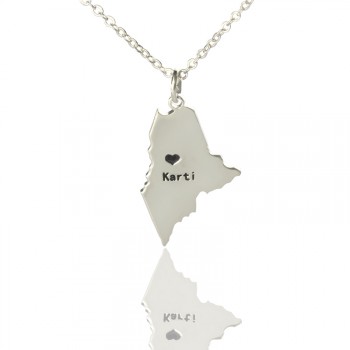 Custom Maine State Shaped Necklaces With Heart  Name Silver