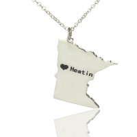 Custom Minnesota State Shaped Necklaces With Heart  Name Silver
