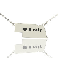 Custom Nebraska State Shaped Necklaces With Heart  Name Silver