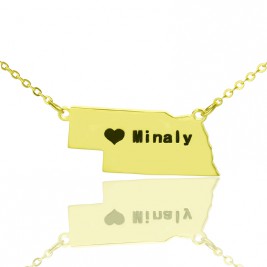 Custom Nebraska State Shaped Necklaces With Heart  Name Gold Plated