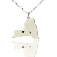 Personalised NY State Shaped Necklaces With Heart  Name Silver