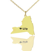 Personalised NY State Shaped Necklaces With Heart  Name Gold Plated