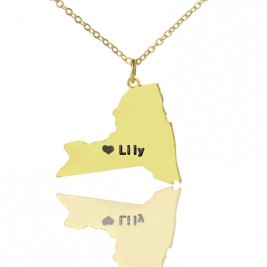 Personalised NY State Shaped Necklaces With Heart  Name Gold Plated