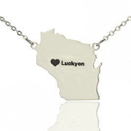 Custom Wisconsin State Shaped Necklaces With Heart  Name Silver
