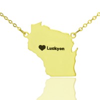 Custom Wisconsin State Shaped Necklaces With Heart  Name Gold Plated