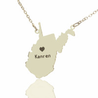 Custom West Virginia State Shaped Necklaces With Heart  Name Silver