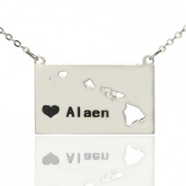 Custom Hawaii State Shaped Necklaces With Heart  Name Silver