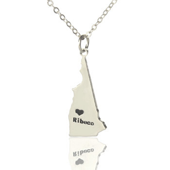 Custom New Hampshire State Shaped Necklaces With Heart  Name Silver