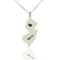 Custom New Jersey State Shaped Necklaces With Heart  Name Silver