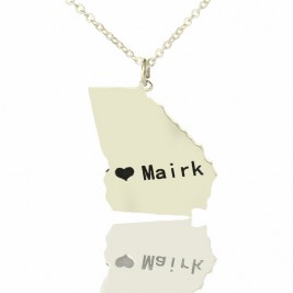 Custom Georgia State Shaped Necklaces With Heart  Name Silver
