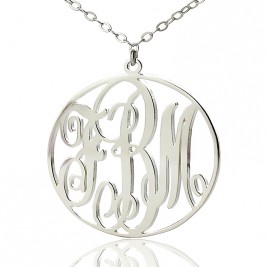 Personalised 18ct White Gold Plated Vine Font Circle Initial Monogram Necklace