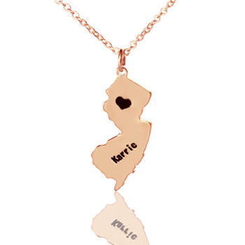 Custom New Jersey State Shaped Necklaces With Heart  Name Rose Gold