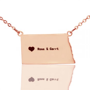 Personalised ND State USA Map Necklace With Heart  Name Rose Gold