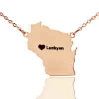 Custom Wisconsin State Shaped Necklaces With Heart  Name Rose Gold