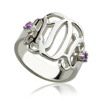 Birthstone Monogram Rings For Women Sterling Silver