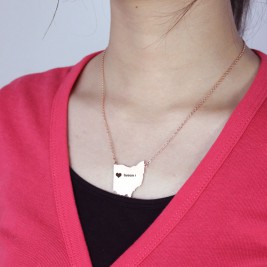Custom Ohio State USA Map Necklace With Heart  Name Rose Gold