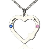 Double Name Open Heart Necklace with Birthstone Sterling Silver