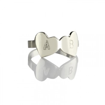 Double Heart Ring Engraved Letter Sterling Silver