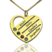 18ct Gold Plated Mothers Birthstone Heart Necklace Engraved Names