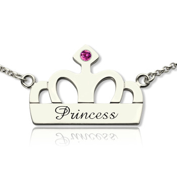 Crown Charm Neckalce with Birthstone  Name Sterling Silver