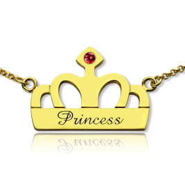 Princess Crown Charm Necklace with Birthstone  Name 18ct Gold Plated