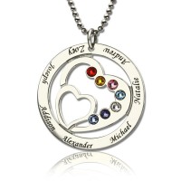 Personalised Heart in Heart Birthstone Name Necklace Silver