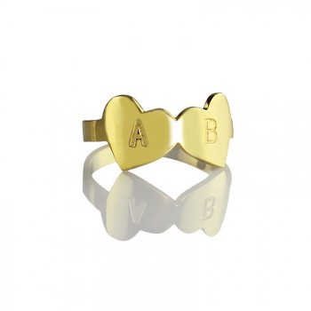 Custom Double Heart Ring Engraved Letter 18ct Gold Plated