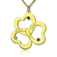 Birthstone Triple Heart Necklace Engraved Name in 18ct Gold Plated