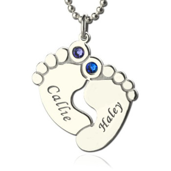 Personalzied Baby Feet Name Necklace with Birthstone Silver