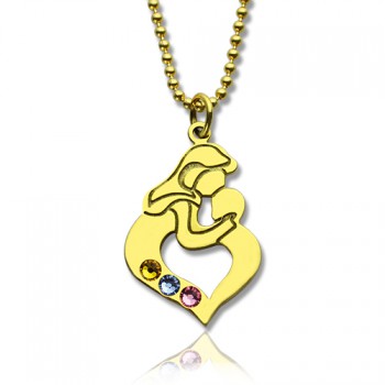 Personalised Mother Child Necklace with Birthstone Gold Plated Silver