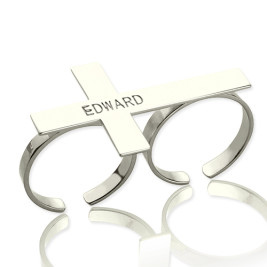 Custom Two finger Cross Ring Engraved Name Sterling Silver