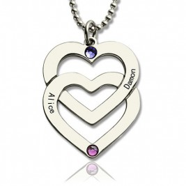 Personalised Double Heart Necklace Engraved Name Sterling Silver
