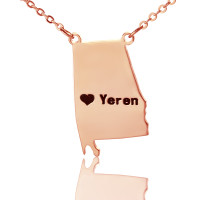 Custom Alabama State USA Map Necklace With Heart  Name Rose Gold