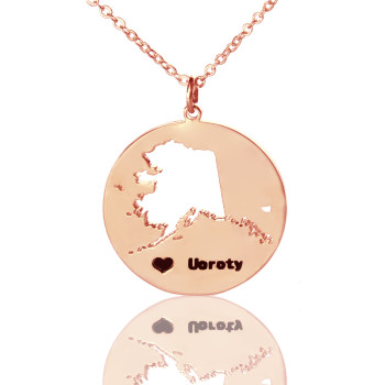 Custom Alaska Disc State Necklaces With Heart  Name Rose Gold