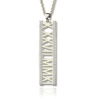 Roman Numeral Vertical Necklace With Birthstones Sterling Silver