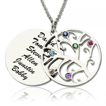 Family Tree Pendant Necklace With Birthstone Silver