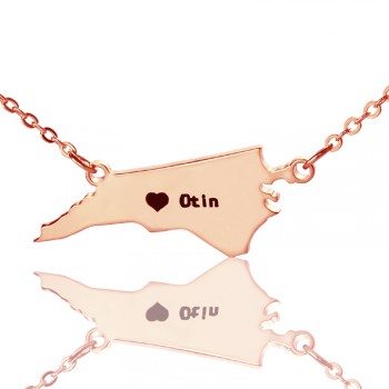 Personalised NC State USA Map Necklace With Heart  Name Rose Gold