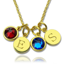 Custom Double Discs Initial Necklace with Birthstones In Gold