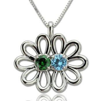 Personalised Double Flower Pendant with Birthstone Sterling Silver