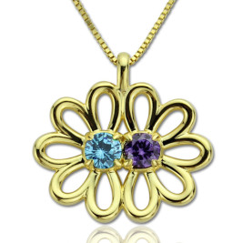 Personalised Double Flower Pendant with Birthstone 18ct Gold Plated Silver