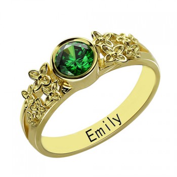 Personalised Flower Engagement Birthstone Name Ring Gold Plated Silver